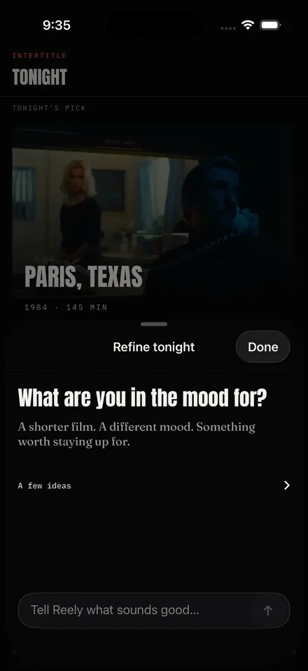 Four Intertitle screens: tonight's pick, Discover, a film page and friends' activity.
