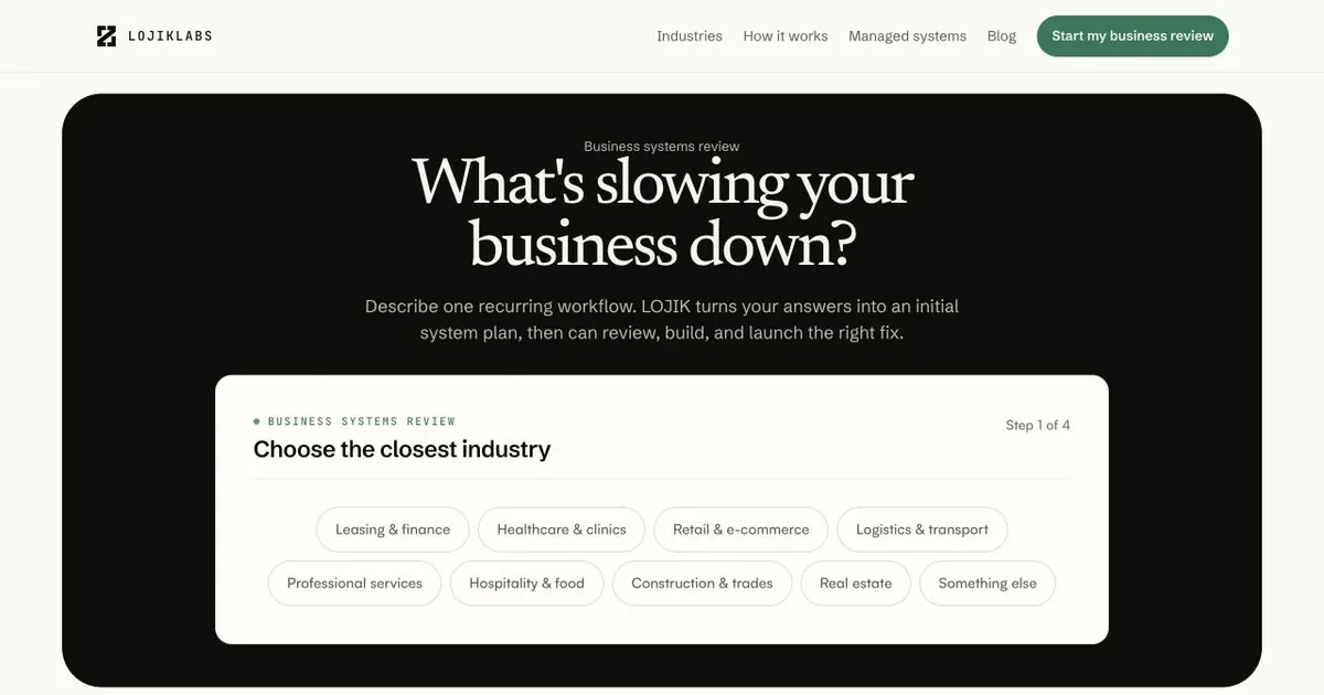 The Lojik Labs website, asking what's slowing your business down.
