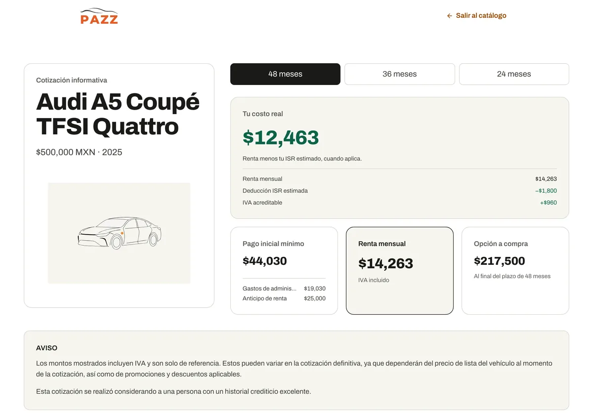 A PAZZ lease quote for an Audi A5 Coupé, with illustrative amounts.